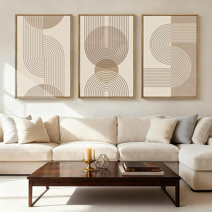 Anyzal Extra Large Boho Neutral Abstract Framed Wall Art 24x36 Inch Beige Modern Minimalist Canvas Wall Decor Mid-century Geometric Artwork for Living Room Bedroom Set of 3
