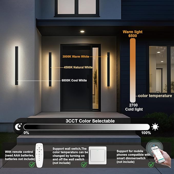 31.49 Inch Outdoor Wall Lights, Ip65 Waterproof Linear Led Modern Wall Sconce, 3CCT Color Selectable LED Strip Porch Lights with Remote Dimming Lighting Fixture Acrylic Anti Rust