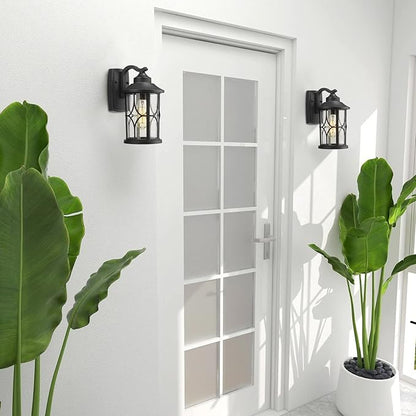 zeyu 2 Pack Outdoor Wall Lights, Exterior Light Fixture for Front Porch House, Die-Cast Aluminum with Seeded Glass, Black Finish, ZX48B-2PK BK