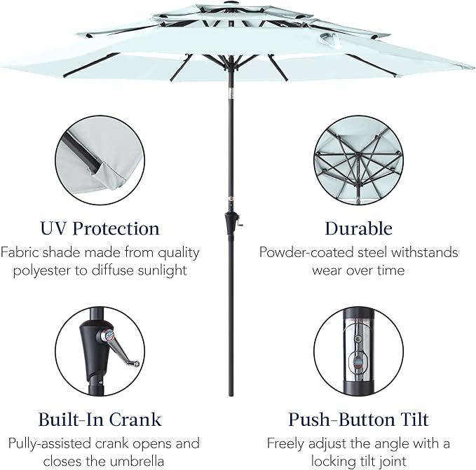 Best Choice Products 10ft 3-Tier Market Patio Umbrella, Outdoor Sun Shade with Tilt, Crank Lift, 8 Ribs for Backyard, Deck, Poolside – Baby Blue
