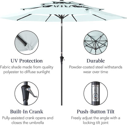 Best Choice Products 10ft 3-Tier Market Patio Umbrella, Outdoor Sun Shade with Tilt, Crank Lift, 8 Ribs for Backyard, Deck, Poolside – Baby Blue