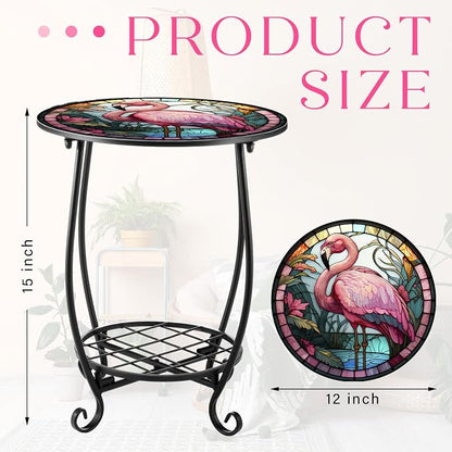 Cinnvoice Outdoor Side Table Round Small Mosaic Patio Accent Indoor End Plant Coffee Tea Table for Yard Patio Porch Garden Living Room, Bedroom(Flamingo Style,12 Inch)