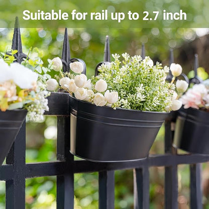 Dahey 10.5 Inch Metal Iron Hanging Flower Pots for Railing Fence Hanging Bucket Pots Countryside Style Window Flower Plant Holder with Detachable Hooks Home Decor,Black,3 Pcs