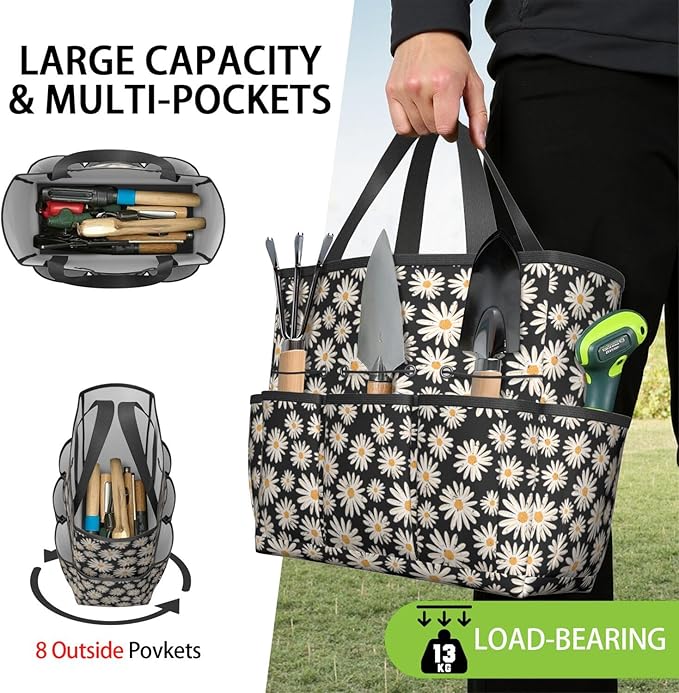 Daisy Flowers Garden Tool Bag - Waterproof Garden Tote with 8 Pockets, Large Storage Home Organizer Gardening Tool Oxford Bag for Garden Tools Kits Holder, Ideal Outdoor Gardening Gift for Women & Men