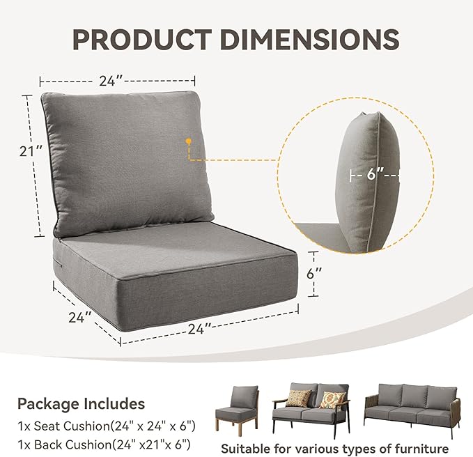 6" Thick Outdoor Chair Cushions - 24"* 24" Patio Furniture Cushions with Water Resistant & Removable Cover, 28D High Density Sponge Patio Cushion for Outdoor Furniture Couch Chair Grey