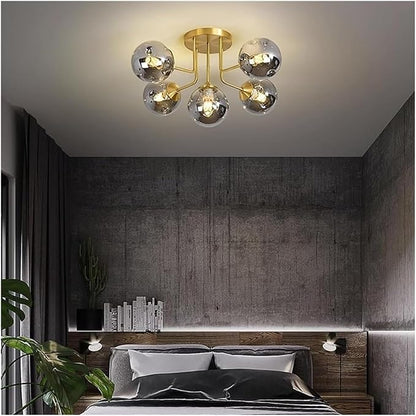 Antique Brass Globe Chandelier 5 Lights Sputnik Ceiling Light with Smoke Grey Amber Glass, Semi Flush Ceiling Fixture. Bubble Ball Kitchen Ceiling Lamp,Soft Light