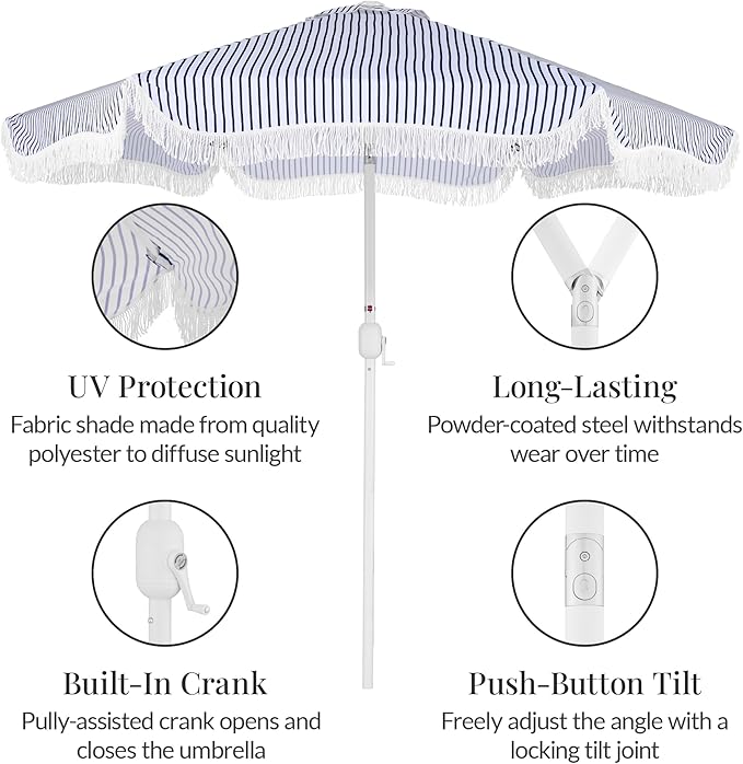 Best Choice Products 9ft Fringe Market Patio Umbrella – Outdoor Boho Tassel Sunshade for Table, Pool, Deck, Backyard – UPF50+, Easy Tilt, Heavy Duty Steel Pole & Ribs