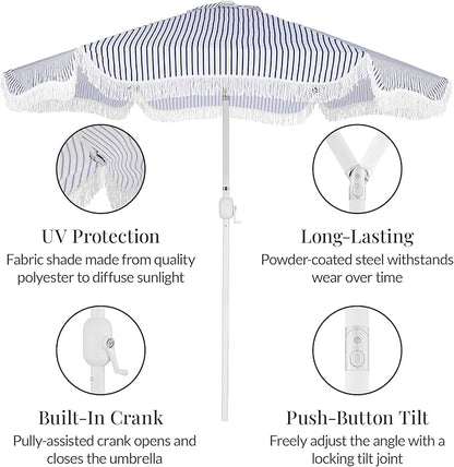 Best Choice Products 9ft Fringe Market Patio Umbrella – Outdoor Boho Tassel Sunshade for Table, Pool, Deck, Backyard – UPF50+, Easy Tilt, Heavy Duty Steel Pole & Ribs