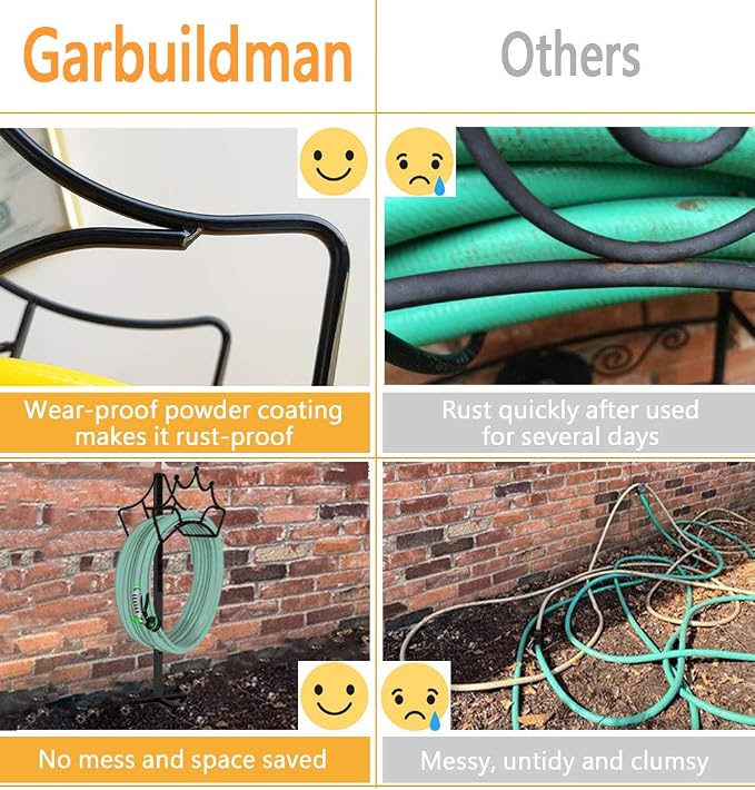 Garbuildman Garden Hose Holder with 3 Spikes, Freestanding Metal Hose Stand for Outdoor Garden, Detachable Hose Storage Rack for Lawn & Yard, Crown Black
