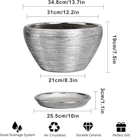Flower Pot for Indoor Plants - Ceramic Planter 13 Inch Plant Pot with Drainage Hole and Saucer Large Decorative Planter Outdoor Mid-Century Planter for House Decor Silver