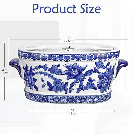 Blue and White Ceramic Planter Pot – Vintage Floral Oval Cachepot Vase for Indoor Plants, Flowers & Succulents – Glazed Chinese Porcelain Style Decorative Bowl – 7.4" Size – No Drainage