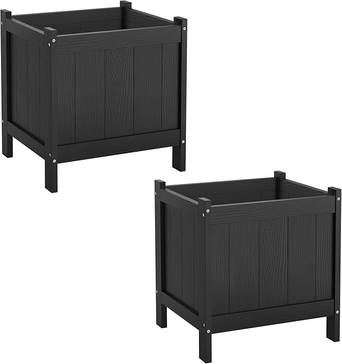 LUE BONA Outdoor Plant Pots Set of 2, 13.7" x 12.5" x 14.5" HDPS Flower Pots with Drainage Holes, Outdoor Planter Box for Outdoor Plants - Porch Patio, Garden or Entryway, Black
