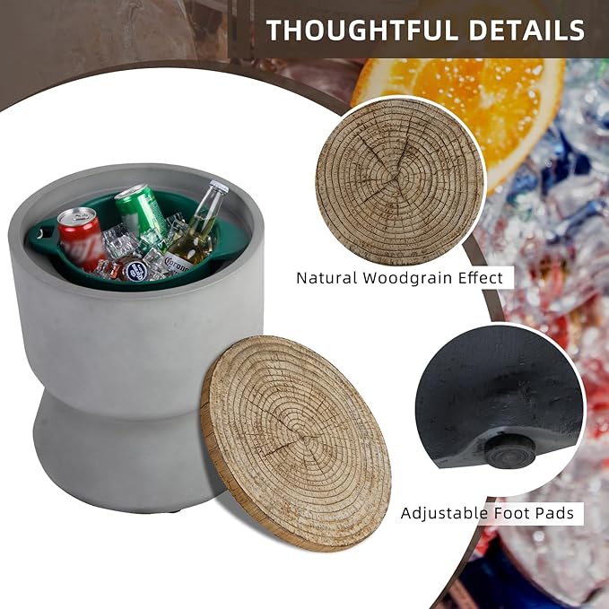 Afterglow Outdoor Cooler Side Table, Patio Bar Table w Ice Bucket, Perfect for Beer Wine Storage,Patio Decor, Deck Pool Backyard Party