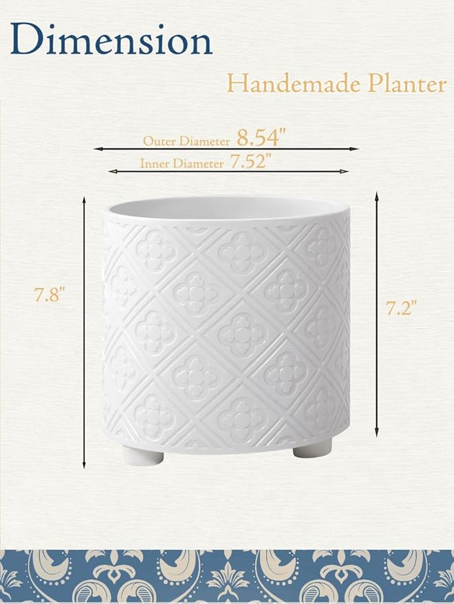 8 Inch Flowerpot, Planter for Indoor Plant, Indoor & Outdoor Plants Pot with Drainage Hole - for Decoration of Home Garden & Terrace, White