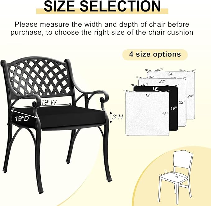 downluxe Waterproof Outdoor Chair Cushions Set of 2, 19" x 19" x 3" Patio Chair Cushion with Non-Slip Ties & Handle, Square Outdoor Cushion for Patio Furniture with Removable Cover, Black