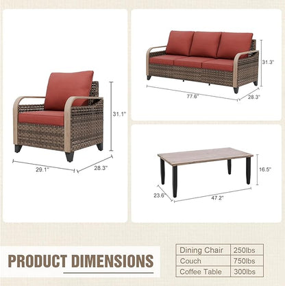 Modern Wicker Patio Furniture Set, Rattan Outdoor Conversation Set with Comfortable Cushions, 2 Patio Chairs, 3 Seat Couch and Coffee Table, 4 Pieces, Brown/Red