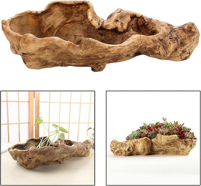 Driftwood Stump Log Resin Planter, Succulent Pot with Drainage Hole for Small Plants, Bonsai, Cactus, Indoor Outdoor Decor (Yellow)