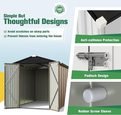 Flamaker 6x8 FT Storage Shed Waterproof Metal Garden Shed with Lockable Door Utility Tool Shed Outdoor Storage for Backyard, Patio and Lawn, Brown