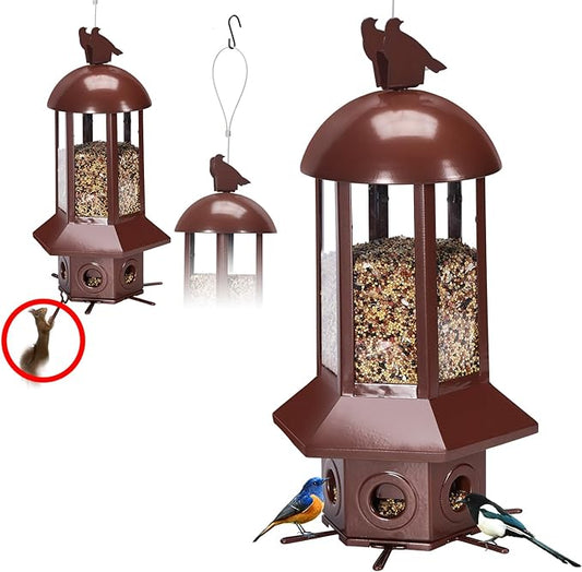 Professional Squirrel Proof Bird Feeders - Sorflife Large Capacity 5.06 lbs, Reliable and Rust Resistant Metal Bird Feeding Station for Prevents Squirrels from Stealing Food and Easy Refilling Brown