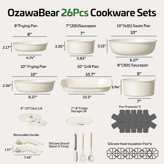 26 Pcs Pots and Pans Set Non Stick, Ceramic Cookware Set Non Toxic with Detachable Handles, Healthy Induction Cookware Oven Safe RV Kitchen Set, PFAS PFOA & PTFE Free, Cream White