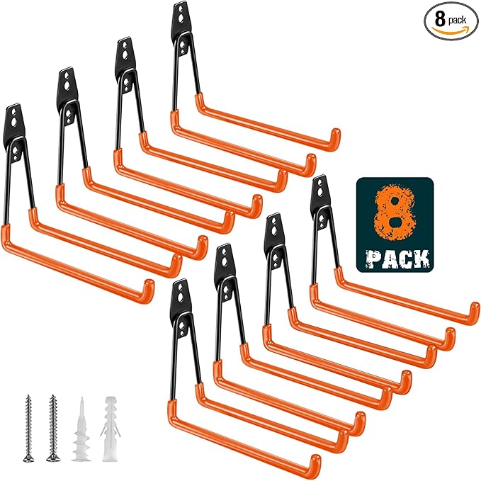 HUPBIPY Heavy Duty Garage Hooks 8 Pack, 7.7 inch U Shaped Long Hanger, Wall Mounted Storage System, Power and Garden Tool Organizer, for Hanging Ladders, Bikes, Hose, Bulk Items and More