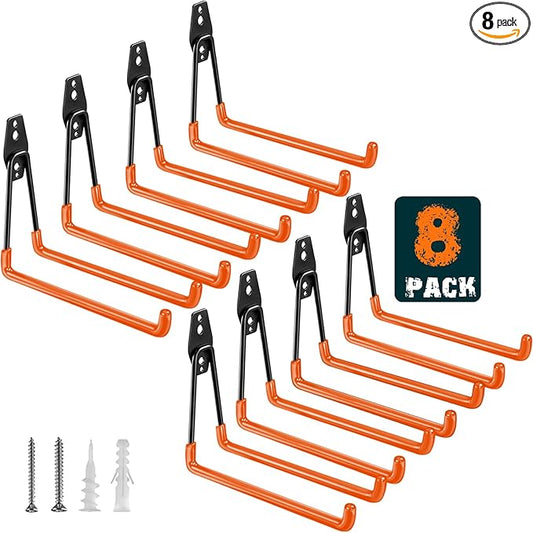 HUPBIPY Heavy Duty Garage Hooks 8 Pack, 7.7 inch U Shaped Long Hanger, Wall Mounted Storage System, Power and Garden Tool Organizer, for Hanging Ladders, Bikes, Hose, Bulk Items and More