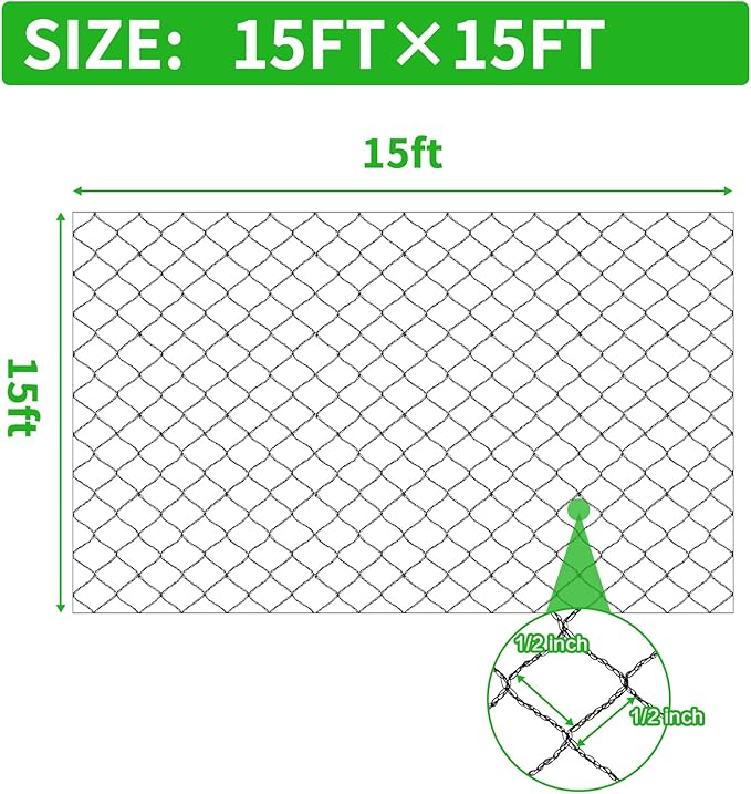 Bird Netting 15X15 FT, 1/2" Mesh, Strong Woven Garden Netting for Plants, Fruit Trees, Blueberry Bushes, Vegetables, Strawberry Protection, Against Bird, Deer, Squirres, Poultry, Small Animals