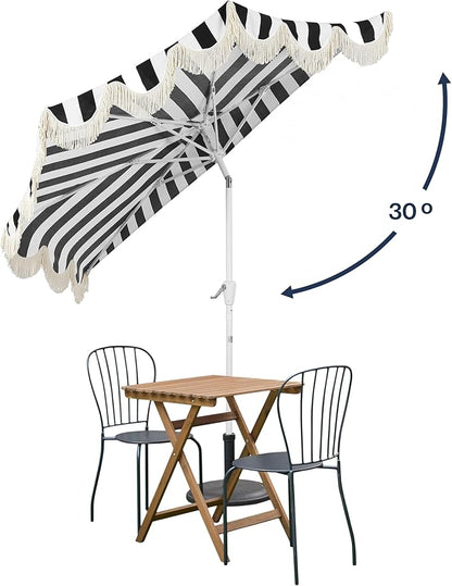 JONATHAN Y Half Umbrella UMB1201H Beverly 9 ft. Designer Classic Scalloped Fringe Market Patio with Crank, Tilt Button and UV Protection in Black/White, White Pole