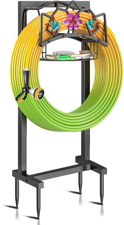 Garden Hose Holder, Heavy Duty Metal Water Hose Holder with Storage Basket, Freestanding Hose Stand Hanger, Sturdy Hoses Storage Rack 150-feet for Outside Yard Lawn