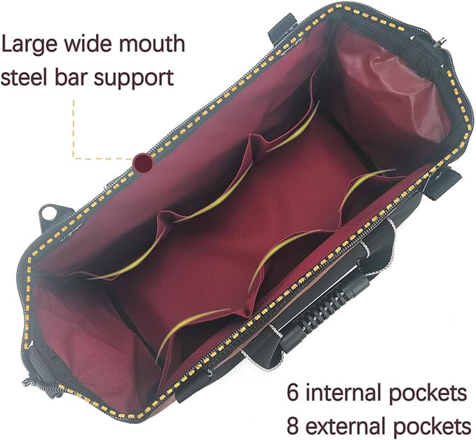 Garden Tools Bag 16 Inch Wide Mouth Tool Bag with Molded Base and Plastic-Padded Inside Pockets for Tool Storage, 600D Polyester Fabric, Brown Color