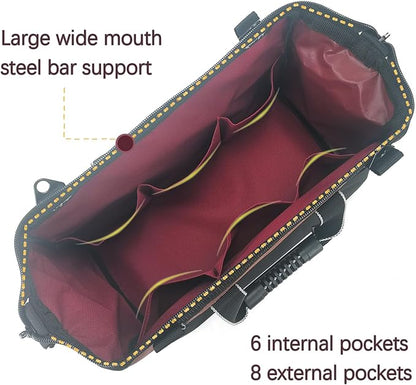 Garden Tools Bag 16 Inch Wide Mouth Tool Bag with Molded Base and Plastic-Padded Inside Pockets for Tool Storage, 600D Polyester Fabric, Brown Color