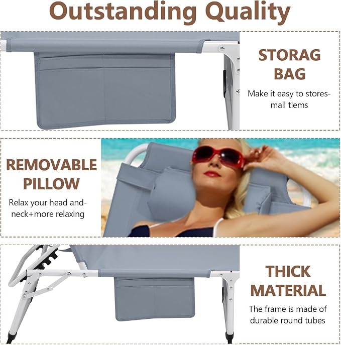 3-in-1 Heavy Duty Tanning Chair with Face Hole Adjustable 5-Position Folding Chaise Lounge Chairs Portable Lay Flat Beach Lounge Chair for Outdoor Sunbathing Patio Pool Lawn Camping Deck (Gray)