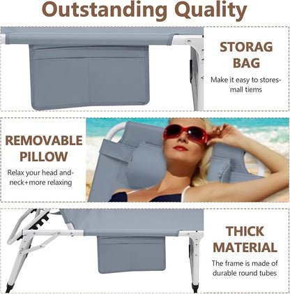 3-in-1 Heavy Duty Tanning Chair with Face Hole Adjustable 5-Position Folding Chaise Lounge Chairs Portable Lay Flat Beach Lounge Chair for Outdoor Sunbathing Patio Pool Lawn Camping Deck (Gray)