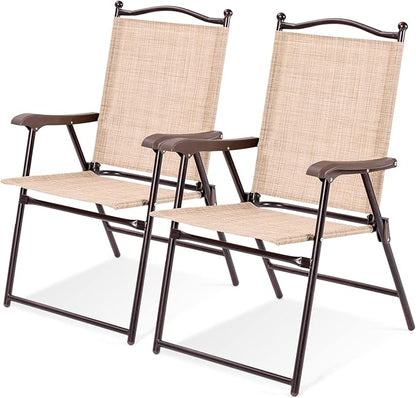 Tangkula Set of 2 Patio Folding Dining Chairs, Outdoor Sling Lawn Chairs with Armrests, Steel Frame, Portable Camping Lounge Chairs for Backyard, Deck, Poolside and Garden, No Assembly (1, Beige)