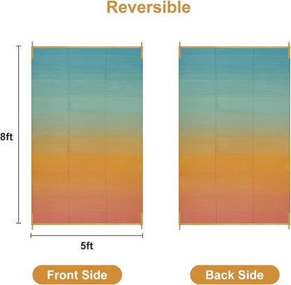 Anidaroel Ombre Outdoor Rug 5x8ft Waterproof for Patio Decor, Reversible Plastic Straw Outside Rug, UV Resistant RV Camping Mat for Porch, Balcony, Pool Deck, Backyard(Orange&Blue, 5'x8')