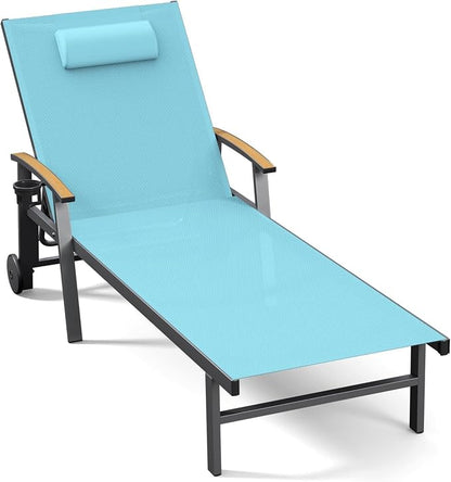 Ciokea Outdoor Lounge Chair with Pillow, 5-Position Chaise Lounge with Wheels & Armrests, 400 lbs Heavy Duty Aluminum Pool Lounger for Beach, Deck, Backyard & Poolside, Lake Blue