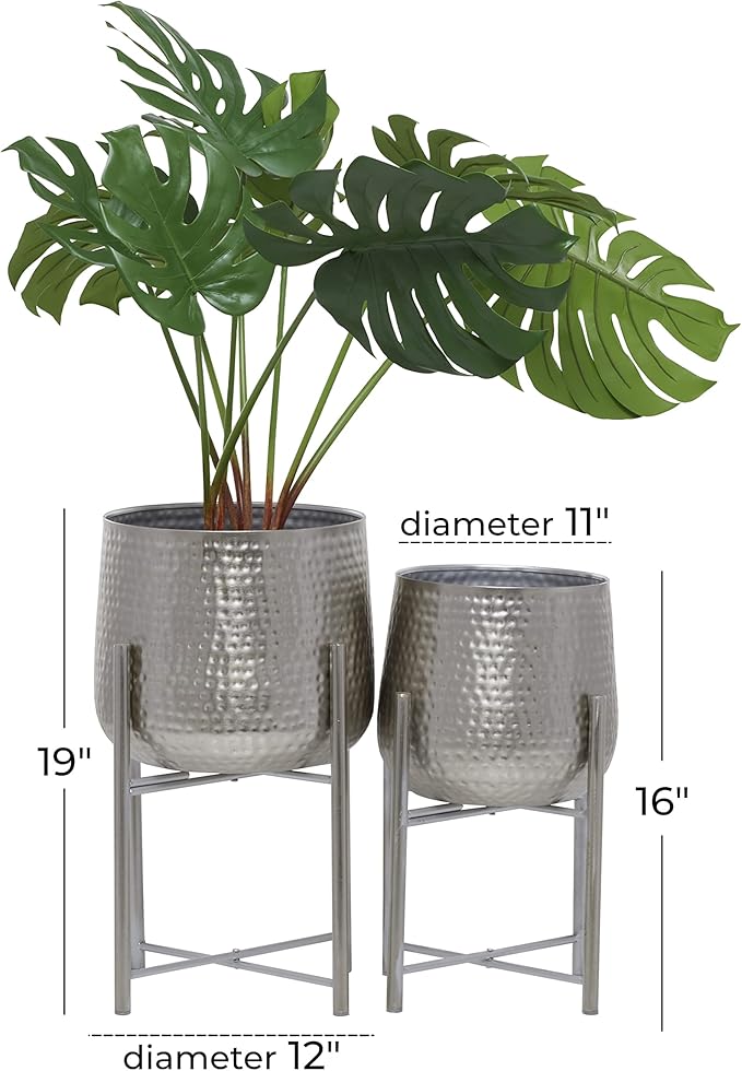 CosmoLiving by Cosmopolitan Metal Indoor Outdoor Planter Hammered Large Planter Pot with Removable Stand, Set of 2 Planters 19", 16"H, Silver