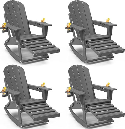 Adirondack Rocking Chairs Set of 4 with Retractable Ottoman, All Weather Folding Adirondack Chair with Two Cup Holders, Adirondack Outdoor Rocking Chairs for Porch, Patio, Balcony. Grey
