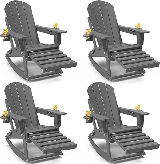 Adirondack Rocking Chairs Set of 4 with Retractable Ottoman, All Weather Folding Adirondack Chair with Two Cup Holders, Adirondack Outdoor Rocking Chairs for Porch, Patio, Balcony. Grey