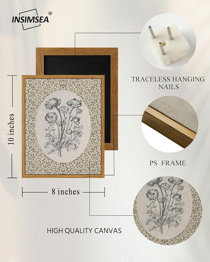 InSimSea Framed Canvas Prints Art Vintage Decor, Classical Neutral Floral Painting, Rustic Cottage Roses Flower Wall Art for Living Room Bedroom Home Bathroom Shelf Decor, 8x10inch
