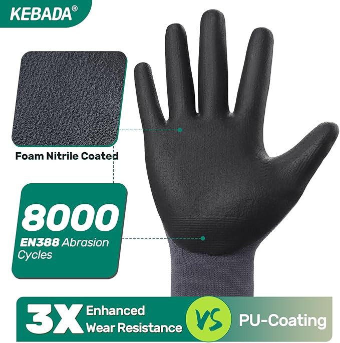 Kebada 12 Pairs Work Gloves for Men and Women, Nitrile Coated Safety Protective Gloves with Grip, Ideal for Gardening, Warehouse, Mechanic, Light Duty Construction Work,Large