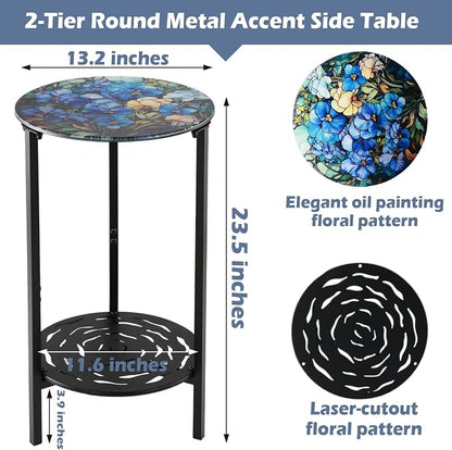 2-Tier Metal Round Side Table Black Accent Coffee Tables Small Space Corner Plant Stand Shelf for Indoor Outdoor Use Patio Balcony End Table Floral Print Weather-Resistant