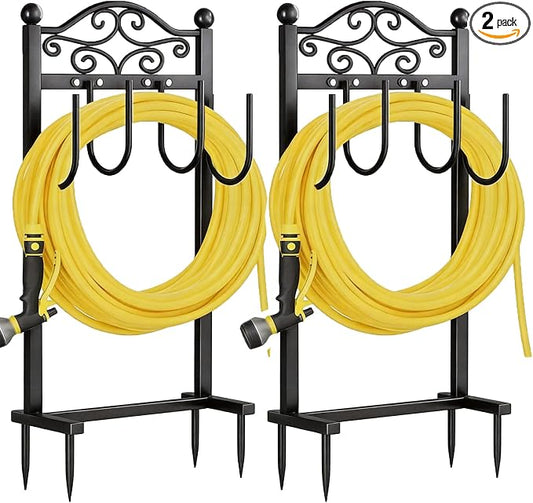 2 Pack Garden Hose Holder, Heavy-Duty Garden Hose Stand for 100FT Hoses, Freestanding Water Hose Holder for Yard & Garden, Black