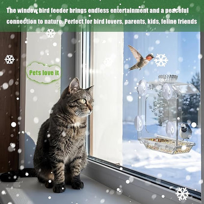 Clear Window Bird Feeder with Strong Suction Cups – Clear Bird Feeding Station with Dual Seed Tray & Water Bowl – Easy to Install and Clean for Outdoor Viewing