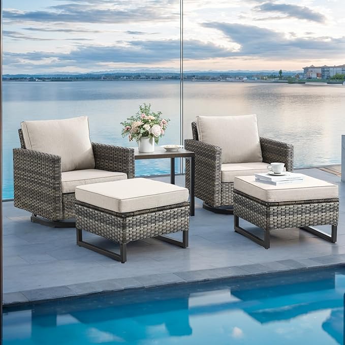 Wicker Outdoor Patio Furniture Set - 5 Piece Patio Conversation Set with 2 Swivel Rocker Chairs,2 Rattan Ottoman and 1 Metal Side Table for Outside Porch Deck Backyard Garden(Mixed Grey/Beige)