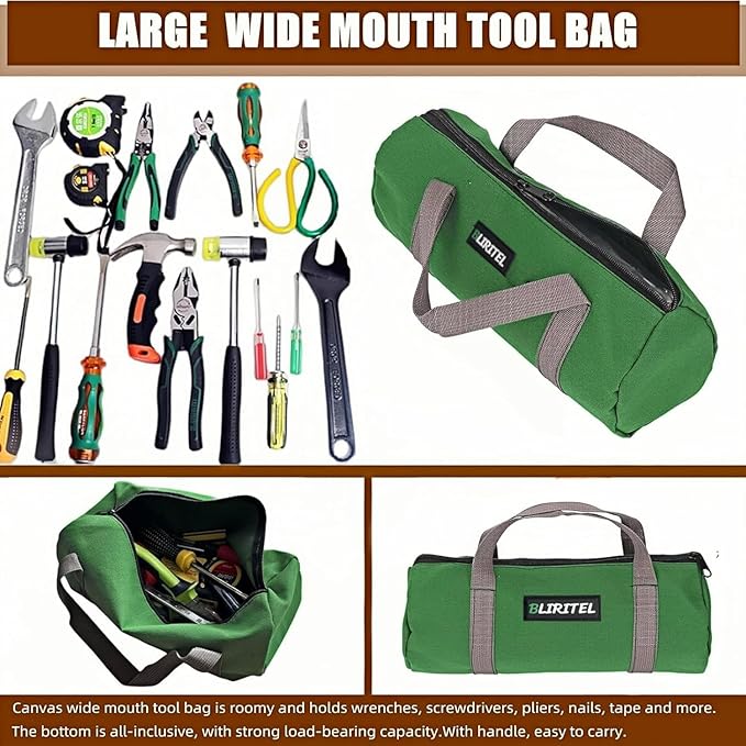 BLIRITEL 14 Inch Small Tool Bag for Men, Large Capacity Wide Mouth Canvas Storage Kit, Tote Handbag Organizer for Mechanic & Electrician Storage Wrenches (Green)