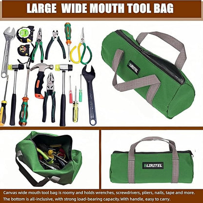 BLIRITEL 14 Inch Small Tool Bag for Men, Large Capacity Wide Mouth Canvas Storage Kit, Tote Handbag Organizer for Mechanic & Electrician Storage Wrenches (Green)