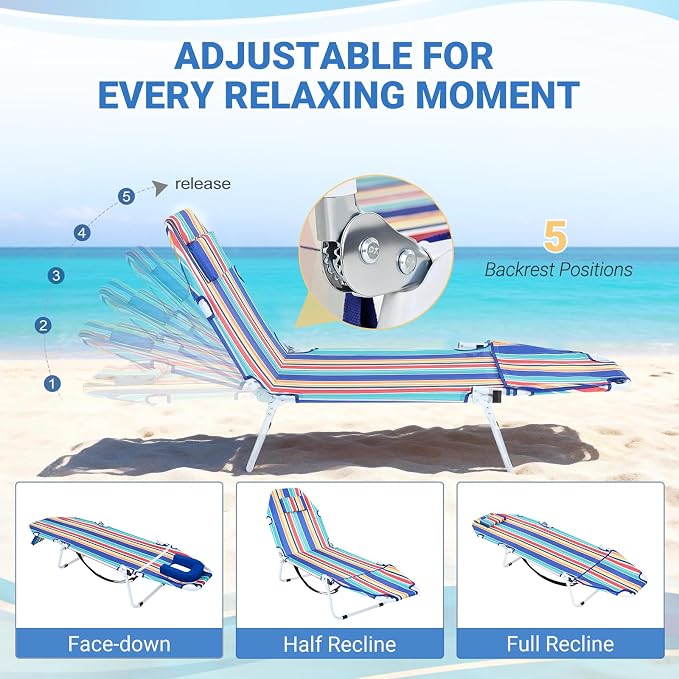DoCred Heavy Duty Tanning Chair with Face Hole, Adjustable 5-Position Folding Chaise Lounge Chairs for Outside, Portable Lay Flat Beach Lounge Chair for Outdoor Sunbathing Beach Pool Lawn Camping