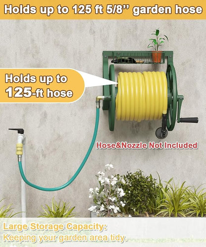 Artigarden Triangle Wall Mounted Garden Hose Reel, Outdoor Heavy-Duty Water Hoses Holder Winder, Holds 125 Ft of 5/8-Inch Hose, with 3.9 ft Leader Hose, Brass Fitting, Storage Basket for Yard, Green