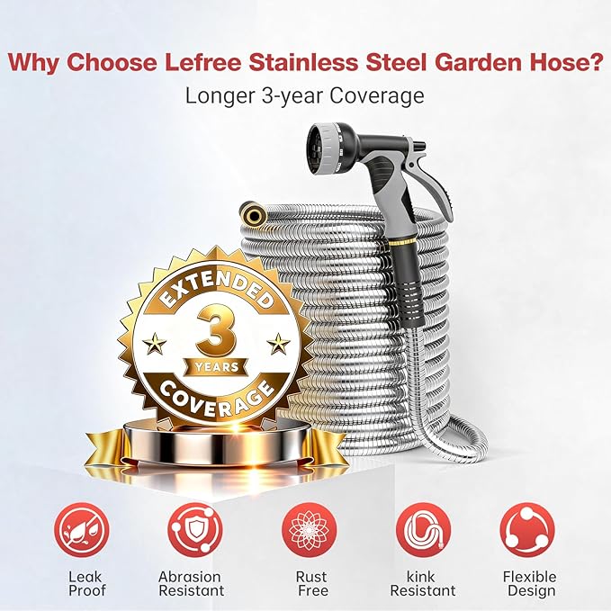 Lefree 100ft Metal Garden Hose - Heavy Duty 304 Stainless Steel Flexible Water Hose, No Kinks & Leak-Proof with Upgraded Handle, 10-Function Spray Nozzle & 4 Spare Gaskets for Yard, RV, Pet Bath